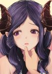  1girl blush close-up dc24v demon_girl demon_horns eyebrows_visible_through_hair face hand_on_another&#039;s_chin honey_strap horns long_hair looking_to_the_side mole mole_under_mouth open_mouth pointy_ears pov pov_hands purple_eyes purple_hair saionji_mary solo_focus teeth upper_teeth virtual_youtuber 