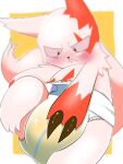  ambiguous_gender blush bodily_fluids claws diaper feral genital_fluids hand_on_diaper looking_down nintendo osusimarumaru pok&eacute;mon pok&eacute;mon_(species) simple_background solo touching_diaper urine video_games wet_diaper wetting zangoose 