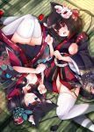  2girls animal_ear_fluff animal_ears azur_lane bell black_kimono black_skirt blue_butterfly breasts bug butterfly butterfly_hair_ornament cat_ears cat_mask cleavage eyebrows_visible_through_hair fang fox_mask fusou_(azur_lane) hair_ornament highres japanese_clothes jingle_bell kimono large_breasts long_sleeves looking_at_another looking_at_viewer lying mask mask_on_head minase_tamaki mismatched_eyebrows multiple_girls on_back on_floor panties pantyshot paw_pose short_kimono siblings sideboob sisters skirt tail tail_bell tail_ornament tatami thighhighs thighs underwear white_legwear wide_sleeves yamashiro_(azur_lane) zettai_ryouiki 