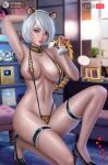  alexander_dinh animal_ears animal_print areolae arm_up bikini blue_eyes breasts choker cleavage collar covered_nipples garters high_heels highres indoors large_breasts lips looking_at_viewer navel navel_piercing neckbell nier_(series) nier_automata one_knee piercing short_hair string_bikini swimsuit tail thick_thighs thigh_strap thighs tiger_ears tiger_girl tiger_print tiger_stripes tiger_tail virtual_youtuber white_hair yorha_no._2_type_b 