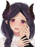  1girl :d blush dc24v demon_girl demon_horns eyebrows_visible_through_hair hand_on_another&#039;s_cheek hand_on_another&#039;s_face hand_on_another&#039;s_hand honey_strap horns looking_at_viewer mole mole_under_mouth nose_blush open_mouth pointy_ears pov pov_hands purple_eyes purple_hair saionji_mary smile solo_focus sweater virtual_youtuber white_background white_sweater 