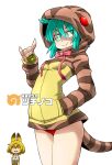  &gt;:) 2girls absurdres animal_ears aono3 aqua_eyes aqua_hair blonde_hair breasts character_name hand_in_pocket highres hip_focus hood hoodie japari_coin japari_symbol kemono_friends long_sleeves medium_breasts multiple_girls outline panties pantyshot red_panties serval_(kemono_friends) shirt short_hair small_breasts smile snake_tail solo_focus standing tail thighs translated tsuchinoko_(kemono_friends) underwear v-shaped_eyebrows white_background white_shirt 