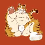  2022 anthro asian_clothing belly bodily_fluids butt clothing east_asian_clothing feet felid flappydog foot_fetish fundoshi humanoid_hands japanese_clothing kemono male mammal moobs navel nipples orange_body overweight overweight_male pantherine pink_nose red_background simple_background sitting solo sweat tiger underwear white_clothing white_fundoshi white_underwear 