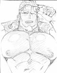  1boy abs aegir_(housamo) anchor_earrings bara bare_pectorals beard cutiebell earrings facial_hair hawaiian_shirt heart highres jewelry large_pectorals male_focus mature_male muscular muscular_male nipples one_eye_closed pectorals shirt short_hair single_earring sketch solo sunglasses tokyo_afterschool_summoners traditional_media 