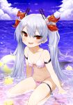  1girl :d absurdres anchor armband azur_lane ball beachball bikini blush bow bow_bikini chain cloud cloudy_sky commentary_request day eyebrows_visible_through_hair fang flat_chest hair_ornament highres long_hair looking_at_viewer manjuu_(azur_lane) navel outdoors pg_(pege544) red_eyes silver_hair sitting skindentation sky smile swimsuit thigh_strap twintails vampire_(azur_lane) wariza white_bikini 