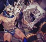  2boys animal_ears bara black_male_swimwear blue_male_swimwear body_fur breath bulge character_request colored_sclera crotch_grab erection erection_under_clothes eyewear_on_head feet_out_of_frame flower furry furry_male furry_with_non-furry grey_fur guided_crotch_grab helmet highres interspecies jammers k0bit0wani large_pectorals male_focus male_swimwear mask multiple_boys muscular muscular_male navel nimbus_(world_flipper) nipples official_alternate_costume orange_eyes pectorals scar scar_on_chest scar_on_leg smirk snout stomach sunglasses swim_briefs thick_thighs thighs tied_hair tiger_boy tiger_ears topless_male white_flower white_fur world_flipper yaoi yellow_sclera 