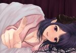  1girl :d bed_sheet blush breasts cleavage dc24v demon_girl demon_horns eyebrows_visible_through_hair honey_strap horns large_breasts long_hair lying mole mole_under_eye on_side open_mouth pointing pointing_at_viewer pointy_ears pov purple_eyes purple_hair saionji_mary sleepwear smile solo under_covers virtual_youtuber 