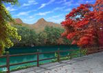  autumn autumn_leaves blue_sky cloud cloudy_sky day fence lake landscape leaf maple_leaf mountain no_humans original outdoors scenery signature sky suupii tree 