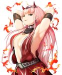  1girl :p armband armpits arms_up bangs bare_shoulders blunt_bangs breasts commentary darling_in_the_franxx earrings english_commentary green_eyes highres horns jewelry long_hair looking_at_viewer medium_breasts pink_hair simple_background sleeveless smile solo the_slayer_of_vishaps tongue tongue_out upper_body very_long_hair white_background zero_two_(darling_in_the_franxx) 