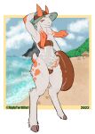  absurd_res anthro beach bodily_fluids bovid bulge caprine clothing cum cum_on_penis digitigrade erection fanta_(character) genital_fluids genitals goat gris_swimsuit hat headgear headwear hi_res long_ears male mammal meme meme_clothing one-piece_swimsuit penis seaside slightly_chubby solo swimwear thick_thighs translucent translucent_clothing translucent_swimwear ugly_tortilla 