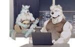  2boys abs animal_ears bara bare_arms bear_boy bear_ears black_male_underwear body_fur casual computer cross_scar dog_boy dog_ears dog_tail facial_hair full_body furry furry_male glasses goatee grey_tank_top guitar highres instrument laptop large_pectorals male_focus male_underwear mature_male multiple_boys muscular muscular_male nipples original pectoral_cleavage pectorals round_eyewear scar seato-hao short_hair snout tail tank_top topless_male underwear underwear_only upper_body white_fur 