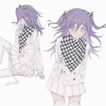  1girl arm_support arms_behind_back bangs bow buttons checkered_bow checkered_clothes checkered_scarf commentary_request cowboy_shot danganronpa_(series) danganronpa_v3:_killing_harmony double-breasted emuemu310 genderswap genderswap_(mtf) hair_between_eyes highres jacket knee_up long_hair long_sleeves male_focus multiple_views ouma_kokichi pink_eyes pleated_skirt profile scarf shiny shiny_hair simple_background sitting sketch skirt thighhighs white_jacket white_skirt zettai_ryouiki 