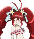  1girl ahoge bikini blush blush_stickers breasts closed_eyes collarbone drill_hair eyebrows_visible_through_hair flower frilled_bikini frills fujikawa_daichi grin hair_flower hair_ornament long_hair lowres micha_jawkan red_bikini red_hair senki_zesshou_symphogear sharp_teeth shiny shiny_hair simple_background small_breasts smile solo swimsuit teeth transparent_background twin_drills twintails upper_body 