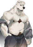  1boy animal_ears bara bear_boy bear_ears belly black_tank_top body_fur bulge chest_hair cowboy_shot facial_hair furry furry_male goatee grey_pants highres jacket jacket_partially_removed large_pectorals looking_at_viewer male_focus mature_male muscular muscular_male navel navel_hair nipples original pants pectorals plump seato-hao short_hair sideburns snout solo stomach tank_top thick_eyebrows thick_thighs thighs topless_male white_background white_fur 