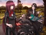  1boy 1girl :d bangs black_jacket black_pants blue_eyes breasts brown_hair can collared_shirt day eyebrows_visible_through_hair fate/empire_of_dirt fate_(series) game_cg grin ground_vehicle hair_between_eyes hair_intakes holding holding_can holding_map ikemeru19 jacket long_hair long_sleeves map medium_breasts motor_vehicle motorcycle outdoors pants purple_hair red_eyes red_scarf scarf scathach_(fate) shiny shiny_hair shirt short_hair sitting smile straight_hair very_long_hair watch white_shirt wing_collar wristwatch 