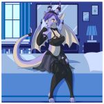  accessory anthro baronflint bed breasts choker clothing dragon female furgonomics furniture hair hi_res inside jewelry lamp lingerie looking_aside maku_(maku450) membrane_(anatomy) membranous_wings navel necklace on_bed short_hair shy sitting solo tail_accessory window wings 