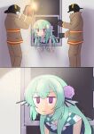  1girl absurdres eyebrows_visible_through_hair favoritevoidpixel finana_ryugu firefighter flower green_hair hair_flower hair_ornament head_fins highres long_hair nijisanji nijisanji_en purple_eyes purple_flower stuck virtual_youtuber window 