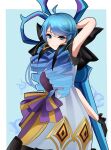  1girl absurdres ahoge bangs bare_arms black_bow black_gloves border bow breasts bug butterfly drill_hair gloves green_background green_eyes gwen_(league_of_legends) hair_bow hair_over_shoulder heterochromia highres holding holding_scissors ip_i_(pfxp5247) large_bow league_of_legends long_hair looking_at_viewer medium_breasts orange_ribbon purple_ribbon ribbon scissors short_sleeves swept_bangs twin_drills two-tone_ribbon white_border x-shaped_pupils 