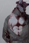  1boy abs absurdres animal_ears bara bare_pectorals beard body_fur chest_hair facial_hair furry furry_male headband highres large_pectorals male_focus muscular muscular_male nipples original pectorals rain sad seato-hao short_hair snout solo thick_eyebrows upper_body wet wet_clothes wolf_boy wolf_ears 