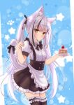  1girl animal_ear_fluff animal_ears apron bangs black_bow black_dress black_hair black_legwear blush bow bow_dress bow_legwear cake cat_ears cat_girl cat_tail cowboy_shot dress eyebrows_visible_through_hair food frilled_dress frilled_legwear frills hair_bow hair_ornament hair_over_shoulder hairpin hands_up holding holding_plate long_hair looking_at_viewer m_ko_(maxft2) maid multicolored_clothes multicolored_dress multicolored_hair original paw_pose plate short_dress short_sleeves signature silver_hair solo tail tail_bow tail_ornament tail_raised thighhighs twintails very_long_hair white_dress yellow_eyes zettai_ryouiki 