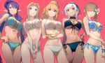  5girls bare_arms bare_legs bikini black_hairband black_ribbon blonde_hair blue_bikini blue_eyes bow bracelet breasts brown_hair character_request cleavage closed_mouth floral_print flower frilled_bikini frills front-tie_bikini front-tie_top grin hair_flower hair_ornament hair_over_one_eye hairband hand_on_hip highres jewelry judith_(tales) long_hair looking_at_viewer lowleg lowleg_bikini medium_breasts multi-strapped_bikini multiple_girls navel open_mouth pointy_ears print_bikini purple_hair red_background red_eyes ribbon shiny shiny_hair shiny_skin short_hair side-tie_bikini silver_hair simple_background smile swimsuit tales_of_(series) tales_of_the_abyss tales_of_vesperia tear_grants thigh_gap tied_hair ubo_tales underbite white_bikini white_bow white_flower white_ribbon 