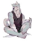  1boy animal_ears bara black_tank_top blue_fur blue_hair body_fur casual dog_boy dog_ears dog_tail furry furry_male glasses green_shorts highres male_focus muscular muscular_male original pectoral_cleavage pectorals round_eyewear scar scar_on_arm scar_on_chest scar_on_leg seato-hao short_hair shorts sitting snout solo tail tank_top 