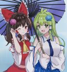  2girls :d ;) ahoge ascot bangs black_hair blue_flower blue_necktie bow closed_mouth collared_shirt detached_sleeves english_commentary fang flower green_eyes green_hair hair_bow hair_flower hair_ornament hair_tubes hakurei_reimu holding holding_umbrella kochiya_sanae long_hair medium_hair multico multiple_girls necktie nontraditional_miko one_eye_closed open_mouth outdoors pink_flower rain red_bow red_eyes red_shirt ribbon-trimmed_sleeves ribbon_trim shirt skin_fang smile touhou umbrella upper_body white_shirt wide_sleeves yellow_ascot 