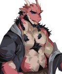  1boy :p abs animal_ears bara bare_pectorals beard blue_sclera body_fur braid colored_sclera dragon_boy dragon_ears dragon_horns facial_hair furry furry_male highres horns jacket large_pectorals male_focus mature_male multiple_braids muscular muscular_male navel navel_hair nipples open_clothes open_jacket original pectorals red_fur seato-hao short_hair single_bare_shoulder snout solo stomach thick_eyebrows tongue tongue_out undressing upper_body 