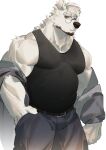  1boy animal_ears bara bear_boy bear_ears belly black_tank_top body_fur cowboy_shot facial_hair furry furry_male glasses goatee grey_pants highres jacket jacket_partially_removed large_pectorals looking_at_viewer male_focus mature_male muscular muscular_male original pants pectorals plump round_eyewear seato-hao short_hair sideburns snout solo tank_top thick_eyebrows white_background white_fur 