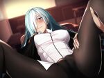  1girl black_jacket black_legwear blurry blurry_background blush breasts brynhildr_(fate) censored classroom collared_shirt dress_shirt fate/empire_of_dirt fate_(series) game_cg hair_over_one_eye ikemeru19 jacket large_breasts leg_grab long_hair long_sleeves looking_at_viewer lying mosaic_censoring on_back open_clothes open_jacket pantyhose purple_eyes shirt silver_hair solo_focus spread_legs straight_hair white_shirt wing_collar 