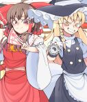  2girls absurdres apron ascot bangs black_headwear black_vest blonde_hair bow braid brown_eyes brown_hair closed_mouth cowboy_shot detached_sleeves eyebrows_visible_through_hair eyelashes grin hair_bow hair_tubes hakurei_reimu hat highres holding kaitojaja19980520 kirisame_marisa long_hair looking_at_viewer medium_hair mini-hakkero multiple_girls navel nontraditional_miko ofuda orb petticoat red_bow red_shirt red_skirt ribbon-trimmed_sleeves ribbon_trim shirt short_sleeves side_braid single_braid skirt smile standing star-shaped_pupils star_(symbol) symbol-shaped_pupils touhou vest waist_apron white_apron white_shirt wide_sleeves witch_hat yellow_ascot yellow_eyes yin_yang yin_yang_orb 