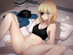  1girl ahoge anus bangs black_bra blonde_hair blush bottomless bra breasts censored closed_mouth collarbone eyebrows_visible_through_hair eyepatch fate/empire_of_dirt fate_(series) futon game_cg green_eyes hair_between_eyes halterneck ikemeru19 indoors jewelry long_hair mosaic_censoring navel necklace pillow pussy saber_(empire_of_dirt) small_breasts solo sports_bra spread_legs straight_hair underwear 