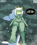  adventure_time bikini breasts cartoon_network clothing duo female fionna_the_human hair hi_res high_heels human humanoid larger_female machine macro mammal outside robot size_difference snow somescrub speech_bubble swimwear text white_hair 