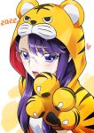  1girl 2022 animal_print bangs commentary_request eyebrows_visible_through_hair eyelashes glasses heartcatch_precure! highres hood light_blush long_hair looking_at_viewer open_mouth precure purple_eyes purple_hair sketch solo tiger_print tsukikage_oyama tsukikage_yuri 