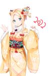  1girl 2022 abigail_williams_(fate) absurdres bangs black_bow blonde_hair blue_bow blue_eyes bow closed_mouth double_bun fate/grand_order fate_(series) floral_print flower forehead fur-trimmed_sleeves fur_trim hair_bow hair_flower hair_ornament highres japanese_clothes kimono long_hair long_sleeves obi orange_bow parted_bangs pink_flower print_kimono sash sidelocks simple_background smile solo white_background wide_sleeves yellow_kimono yukaa 