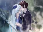  1boy 1girl black_jacket black_necktie blurry blurry_background brown_hair brynhildr_(fate) collared_shirt couple eyebrows_visible_through_hair fate/empire_of_dirt fate_(series) game_cg hair_over_eyes hetero ikemeru19 jacket kiss long_hair long_sleeves necktie outdoors profile rain shiny shiny_hair shirt short_hair silver_hair standing straight_hair upper_body very_long_hair wet_jacket white_shirt wing_collar 