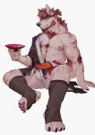  1boy abs animal_ears bara bare_pectorals beard body_fur bulge chest_hair cup dog_boy dog_ears dog_tail facial_hair full_body fundoshi furry furry_male highres japanese_clothes kimono kneehighs male_focus mature_male muscular muscular_male navel navel_hair nipples open_clothes open_kimono original pectorals red_hair sakazuki scar scar_on_arm seato-hao short_hair smile snout solo stomach tail thick_thighs thighs 