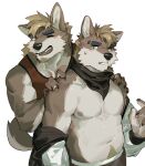  2boys abs animal_ears bara bare_pectorals bare_shoulders belly body_fur dog_boy dog_ears dog_tail eyebrow_cut facial_hair fangs furry furry_male goatee green_eyes hands_on_another&#039;s_shoulders highres light_blush looking_at_viewer male_focus multiple_boys muscular muscular_male navel nipples one_eye_closed original pectoral_cleavage pectorals plump red_tank_top seato-hao short_hair sideburns snout stomach tail tank_top undressing upper_body 