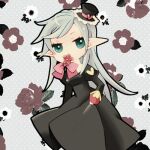  1girl bangs black_dress blue_eyes bow commentary_request cowboy_shot dress enchiru floral_background flower flower_in_mouth frilled_hat frills grey_background grey_hair habit hat heart juliet_sleeves long_hair long_sleeves looking_at_viewer lowres mini_hat pink_bow pink_flower priest_(ragnarok_online) puffy_sleeves ragnarok_online solo top_hat 