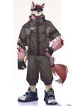  1boy animal_ears bara beard body_fur facial_hair full_body furry furry_male green_eyes headband highres katana male_focus muscular muscular_male original pants red_fur seato-hao shoes short_hair smile snout solo sword tail thick_eyebrows weapon wolf_boy wolf_ears wolf_tail 