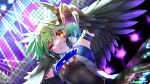  1girl artist_name bangs black_feathers black_wings breasts claws commentary_request commission green_hair harpy headphones highres indie_virtual_youtuber lincoro mixing_console monster_girl one_eye_closed parted_lips short_hair short_twintails skeb_commission small_breasts smile solo tiara twintails twitter_username virtual_youtuber winged_arms wings yellow_eyes yukimichi_(nieko) 
