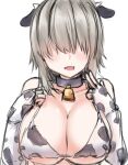  1girl :d animal_ears animal_print bell bikini black_collar blush breasts cleavage collar collarbone commentary cow_ears cow_horns cow_print cowbell curled_fingers elbow_gloves fang fingerless_gloves gloves hair_over_eyes highres horns huge_breasts kousi_sirazawa long_bangs neck_bell open_mouth short_hair sideboob sidelocks silver_hair simple_background sketch skin_fang smile solo swimsuit underboob upper_body uzaki-chan_wa_asobitai! uzaki_yanagi v white_background 