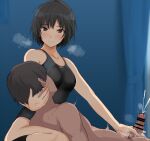  1boy 1girl amagami bangs bar_censor bare_shoulders black_hair black_legwear black_swimsuit blue_background blue_swimsuit blurry blurry_background blush breasts breath brown_eyes censored closed_mouth clothed_female_nude_male collarbone competition_swimsuit completely_nude cum curtains ejaculation hair_strand hand_on_another&#039;s_neck hand_on_another&#039;s_penis handjob hetero lap_pillow light_smile looking_at_another medium_breasts mobu nanasaki_ai nude nursing_handjob one-piece_swimsuit penis short_hair sitting smile socks spasm swimsuit two-tone_swimsuit yokozuwari 