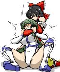  2girls alternate_costume angry arm_around_neck arm_grab ass bare_shoulders blush bow breasts brown_eyes brown_hair cameltoe choke_hold clenched_teeth closed_mouth detached_sleeves green_hair hair_bow hair_tubes hakurei_reimu highres japanese_clothes kochiya_sanae large_breasts long_hair medium_hair miko multiple_girls open_mouth red_bow ribbon-trimmed_sleeves ribbon_trim sakasa_gurasan shirt shoes sideboob sidelocks simple_background sleeveless sleeveless_shirt spread_legs strangling tears teeth thighhighs thighs touhou white_background white_shirt wrestling 