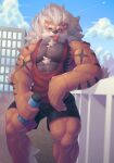  2022 abs absurd_res anthro anthrofied arcanine arm_tuft biceps big_muscles black_body black_countershading black_fur black_markings blue_eyes canid canine canis cheek_tuft chest_tuft clothed clothing countershade_torso countershading digital_media_(artwork) elbow_tufts facial_tuft fangs fingers fluffy fluffy_tail fur genitals hi_res holding_object huge_muscles looking_at_viewer male mammal mane markings multicolored_body multicolored_fur muscular muscular_anthro muscular_arms muscular_legs muscular_male neck_tuft nintendo open_mouth orange_body orange_fur pecs pok&eacute;mon pok&eacute;mon_(species) pok&eacute;morph ronci solo tongue tongue_out triceps tuft video_games white_body white_fur 