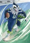  absurd_res anthro avian ball biceps bird blitz_the_seahawk blue_body blue_feathers feathers football_(ball) football_uniform green_body green_feathers hi_res jersey logo male mascot nagisabus nfl seattle_seahawks solo sport talons 