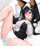  1girl absurdres alternate_costume animal_hood animal_print ao_oni_(onioni-aoi) arknights black_hair black_hoodie blaze_(arknights) blaze_(burst_feline)_(arknights) blue_eyes blush breasts cat_hood cat_print commentary fang feet_out_of_frame hairband hand_on_own_chest highres hood hood_up hoodie long_hair long_sleeves looking_down lying medium_breasts no_pants on_back open_mouth panties red_hairband reward_available skin_fang solo spread_legs thighs two-tone_hoodie underwear white_hoodie white_panties 