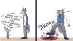  2022 absurd_res anthro beastars blood bodily_fluids cartoon_violence clothed clothing comic dialogue duo english_text hi_res humor legoshi_(beastars) male nft simple_background sound_effects speech_bubble text unknown_artist voss_(beastars) 