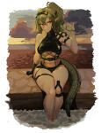  1girl arknights arm_strap bangs bare_shoulders bikini black_bikini black_gloves breasts commentary crocodilian_tail cup drinking_glass english_commentary fingerless_gloves food fruit gavial_(arknights) gloves green_hair hair_between_eyes hand_up highres holding holding_cup lime_(fruit) lime_slice long_hair looking_at_viewer medium_breasts navel outdoors pinky_out pointy_ears ponytail single_glove sitting smile soaking_feet solo stomach swimsuit the_slayer_of_vishaps thigh_strap thighs visor_cap yellow_eyes 