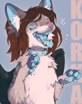  2022 ambiguous_gender blue_eyes blue_pawpads blue_tongue brown_hair canid canine collar digital_media_(artwork) feral fur hair hi_res mammal open_mouth pawpads reysi smile solo teeth tongue white_body white_fur 
